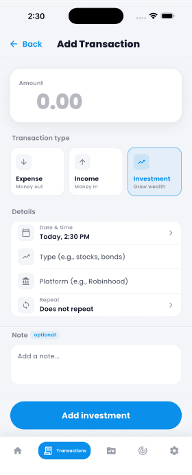 SaveFirst add transaction screen